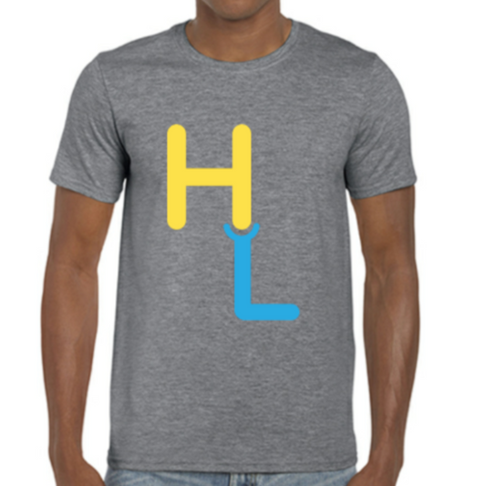 Heathered Gray t shirt with yellow and blue HL logo